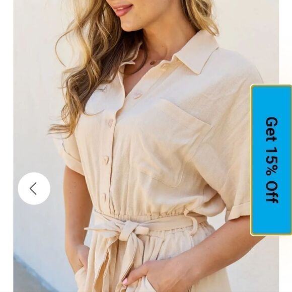 Collared Spring Summer Button Down Shirt Belts Romper in Cream - Picture 12 of 12